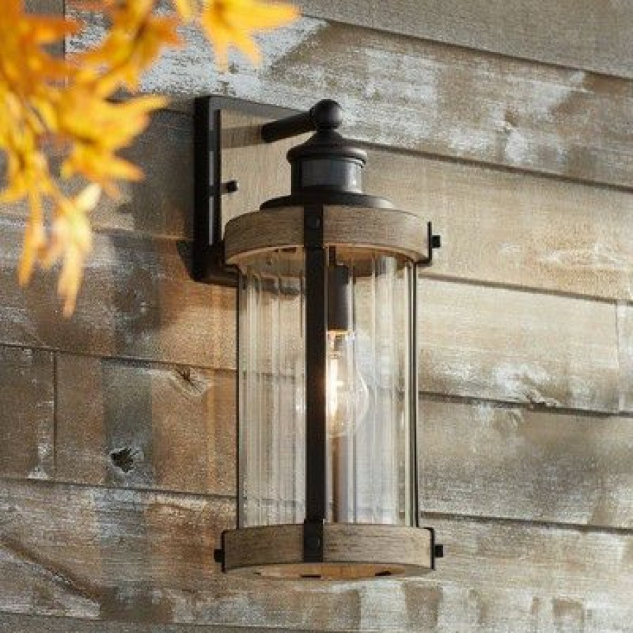 * | Deals John Timberland Rustic Outdoor Wall Light Fixture Wood Finish Black 15 1/2 Pleated Glass Motion Sensor Exterior House Porch Patio Deck