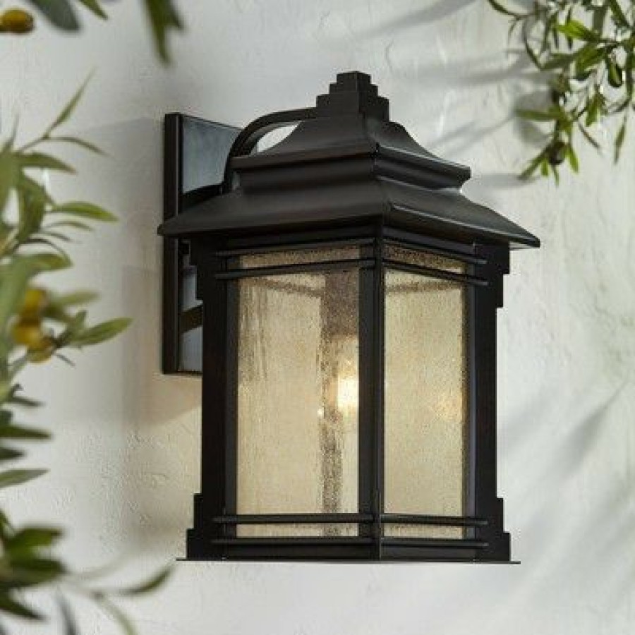 * | Best Sale Franklin Iron Works Rustic Farmhouse Outdoor Wall Light Fixture Walnut Bronze Iron 16 Cream Glass For Exterior Patio Porch House