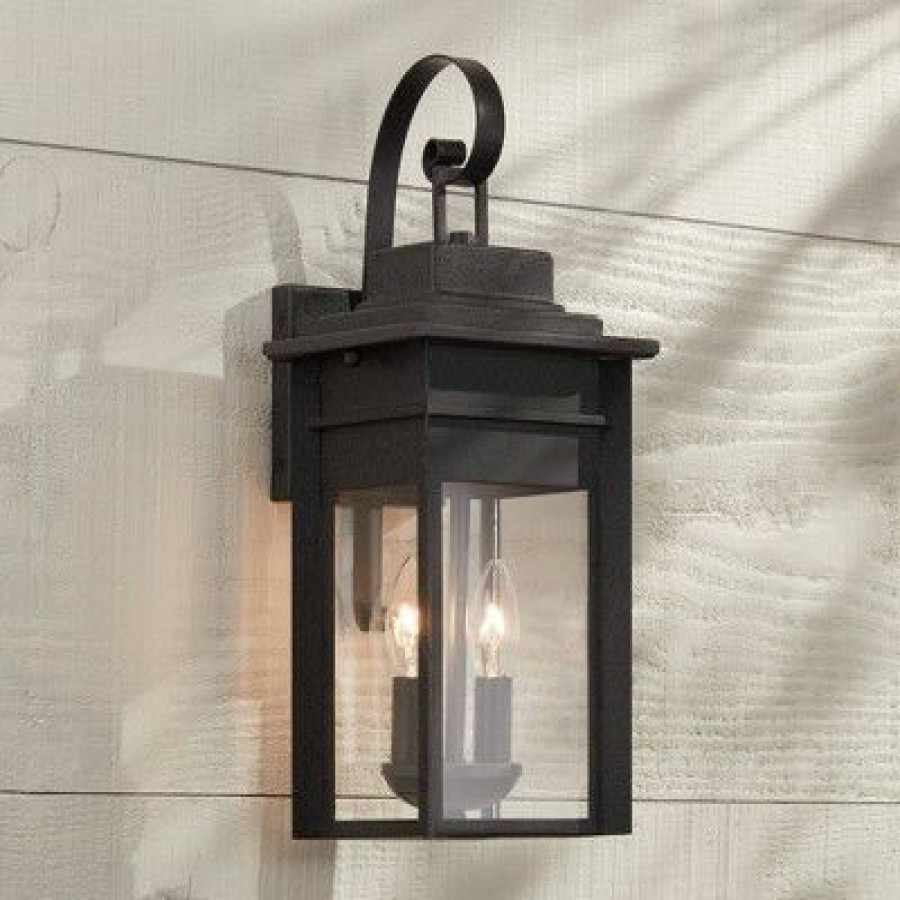 * | Best Sale Franklin Iron Works Traditional Outdoor Wall Light Fixture Lantern Black Specked Gray 17 Clear Glass Panels For House Porch Patio