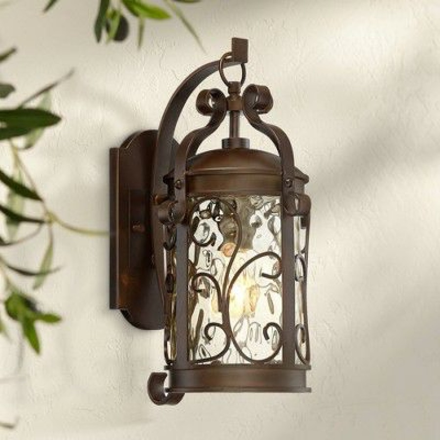 * | New John Timberland Traditional Outdoor Wall Light Fixture Oil Rubbed Bronze Scroll 17 1/2 Amber Hammered Glass For House Porch Patio