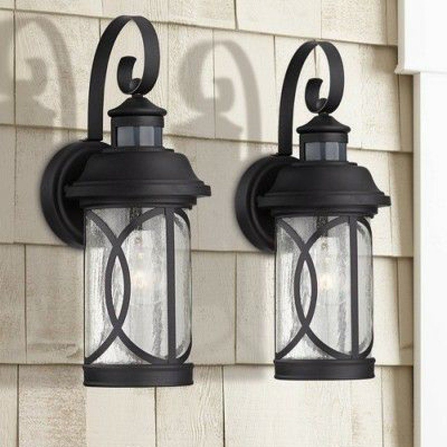 * | Best Deal John Timberland Industrial Farmhouse Outdoor Wall Light Fixtures Set Of 2 Black 15 1/2 Glass Dusk To Dawn Motion Sensor Exterior