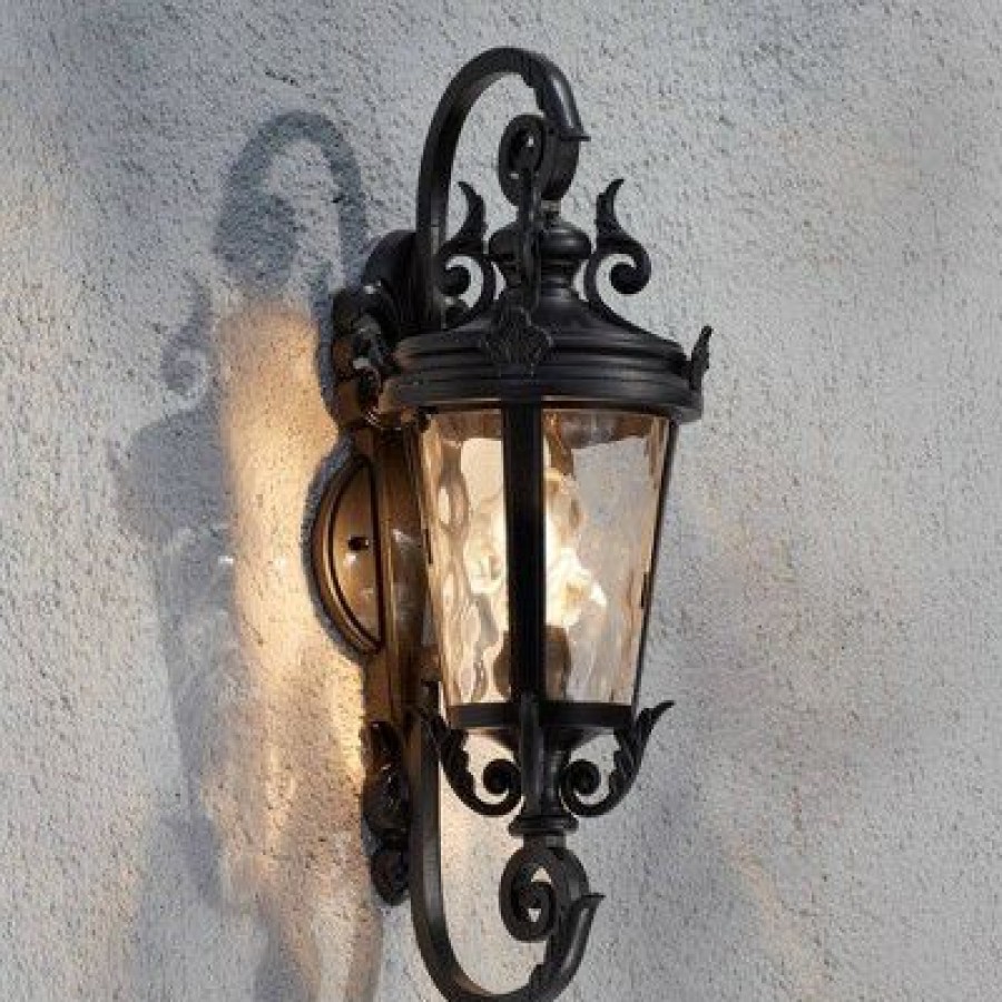 * | Outlet John Timberland Traditional Outdoor Wall Light Fixture Black Steel Scroll 19 Clear Hammered Glass For Exterior House Porch Patio