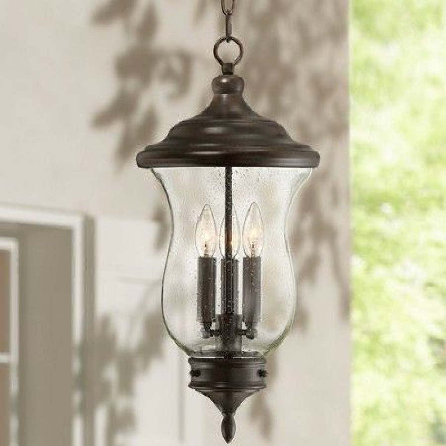 * | Brand New Franklin Iron Works Outdoor Ceiling Light Hanging Led Dimmable Bronze 22 Clear Seedy Glass For Exterior House Porch Patio