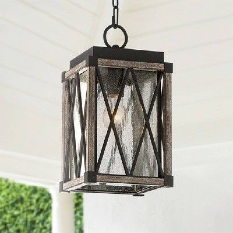 * | Outlet Possini Euro Design Rustic Outdoor Ceiling Light Hanging Bronze Wood Finish 14 1/2 Clear Seedy Glass Lantern Exterior House Porch Patio