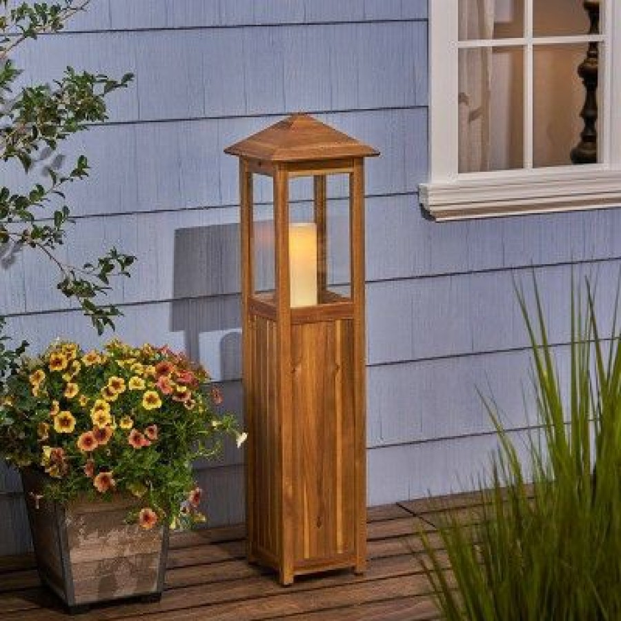 * | Promo 47" Claudine Standing Acacia Wood Candle Outdoor Lantern Teak Christopher Knight Home