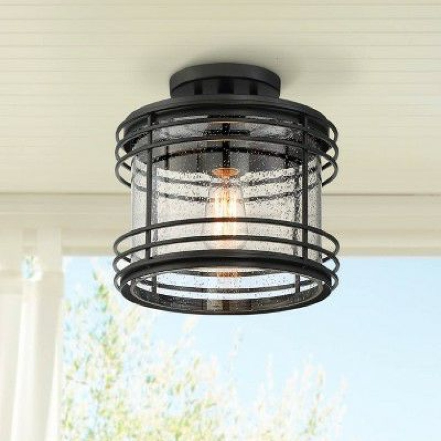 * | Best Deal Possini Euro Design Modern Outdoor Ceiling Light Fixture Black Geometric 11 Clear Seedy Glass For Exterior House Porch Patio Deck