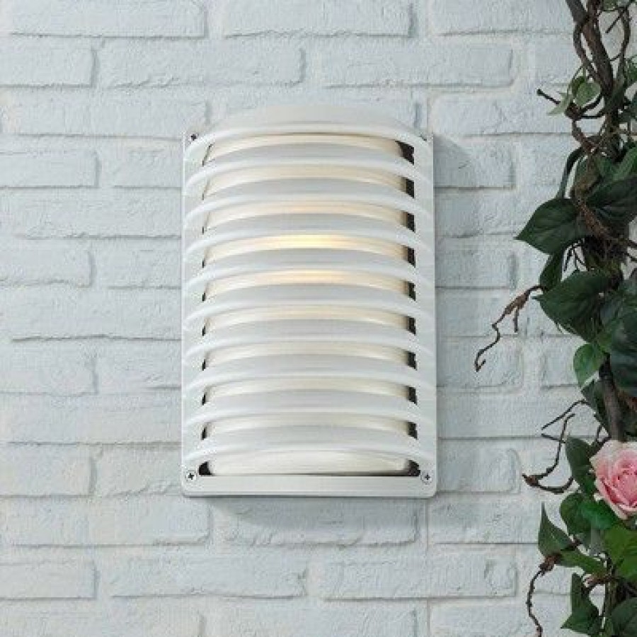 * | Best Deal John Timberland Modern Outdoor Wall Light Fixture Sleek White Banded Grid 10 Frosted Glass For Exterior House Porch Patio Deck