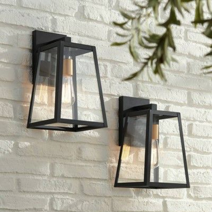 * | Deals John Timberland Modern Outdoor Wall Light Fixtures Set Of 2 Mystic Black Gold 13 Clear Glass Panels Exterior House Porch Patio