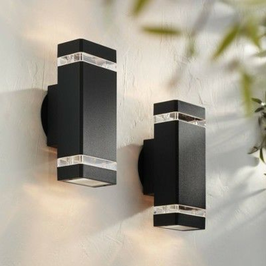 * | Budget Possini Euro Design Possini Euro Modern Outdoor Wall Light Fixtures Set Of 2 Black Aluminum 10 1/2 Clear Glass For Exterior House Porch Patio Outside