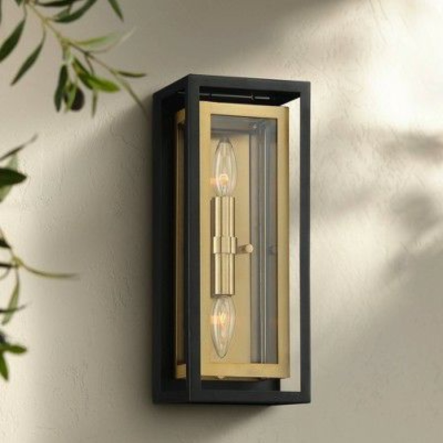 * | Hot Sale Possini Euro Design Modern Outdoor Wall Light Fixture Mixed Metal Black Brass 14 Double Box Clear Glass For Exterior House Porch