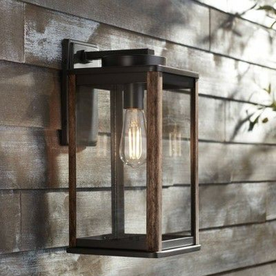 * | Cheapest John Timberland Modern Farmhouse Outdoor Wall Light Fixture Dark Bronze Wood Finish Grain 14 1/4 Clear Glass Panels Exterior House Porch