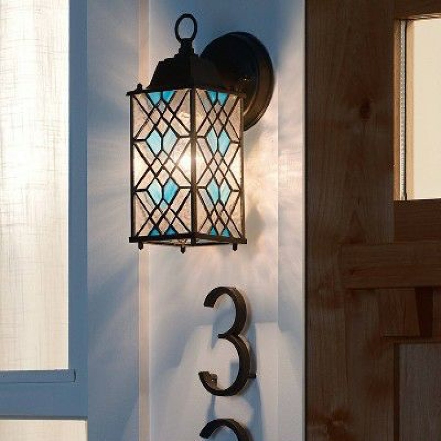 * | Budget 10.25" 1-Light Traditional Satin Outdoor Stained Glass Lantern Wall Sconce Black River Of Goods