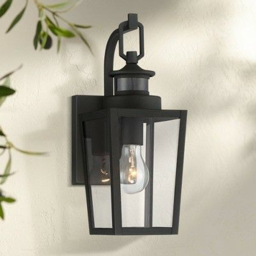 * | Promo Possini Euro Design Modern Outdoor Wall Light Fixture Textured Black 14 Clear Glass Motion Sensor Exterior House Porch Patio Deck