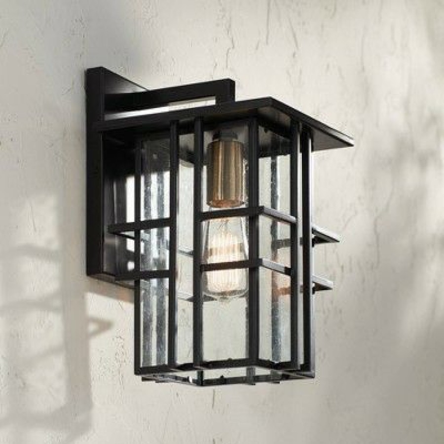 * | Discount Possini Euro Design Modern Outdoor Wall Light Fixture Black Geometric Frame 12 Seedy Glass For Exterior House Porch Patio Deck