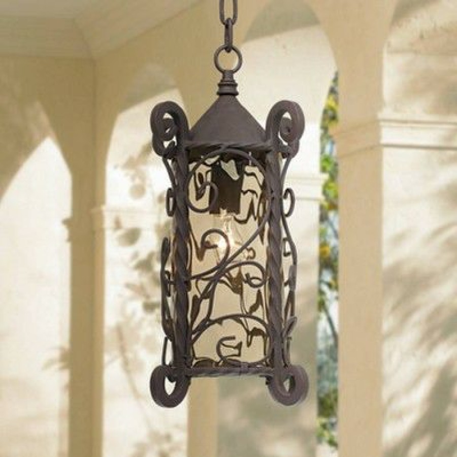 * | Hot Sale John Timberland Traditional Outdoor Light Hanging Dark Walnut Iron Scroll 15 Champagne Water Glass Damp Rated For Exterior Porch